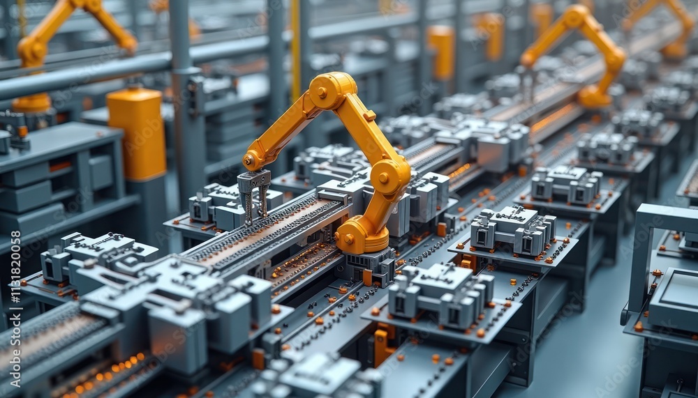 Poster modern factory shows automated assembly line. robotic arms work on product manufacturing. products m