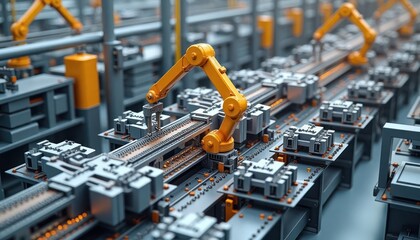 Fototapeta premium Modern factory shows automated assembly line. Robotic arms work on product manufacturing. Products move along conveyor belt. High tech production process. Industrial automation. Futuristic factory.