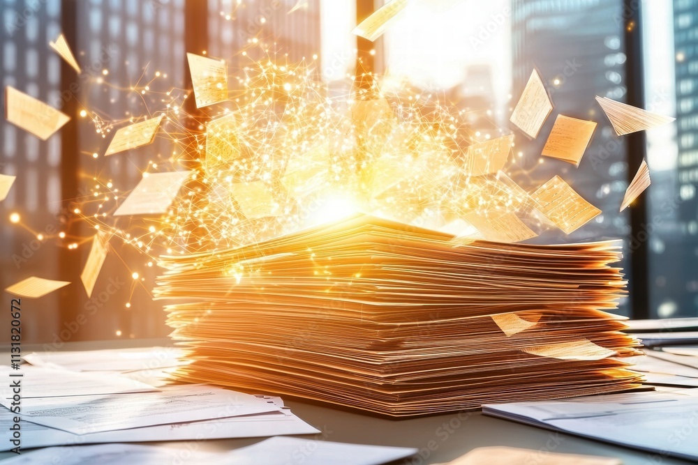 Poster data explosion a stack of documents with flying papers and glowing connections