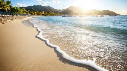 Obraz premium Relaxing beach walk at sunrise tropical coastline scenic landscape tranquil environment