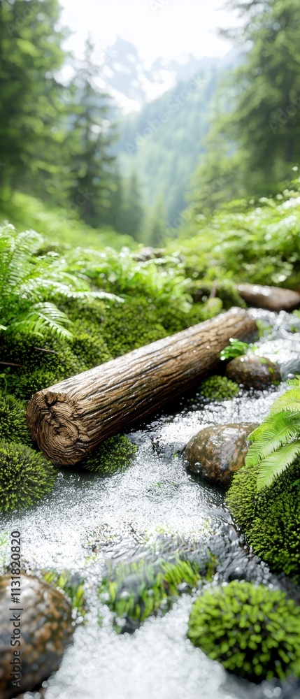 Poster tranquil forest stream with log bridge