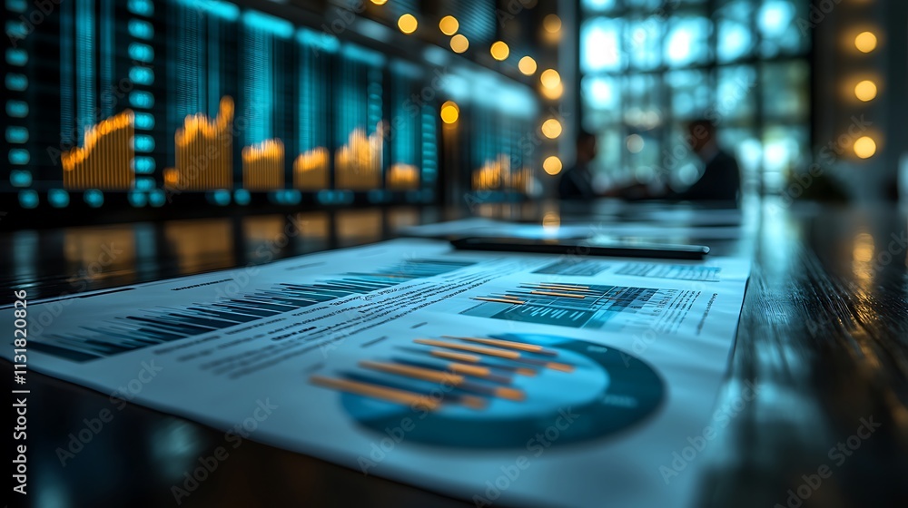 Poster financial reports and graphs on a table in a modern office with blurred background of business peopl