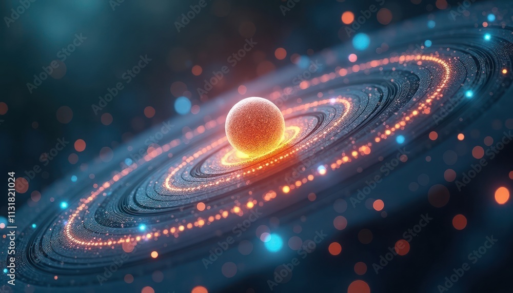 Poster Abstract atomic nucleus model shows electrons orbiting central, positively charged nucleus in defined orbits. Dynamic representation of subatomic particles, interactions. Colorful energy