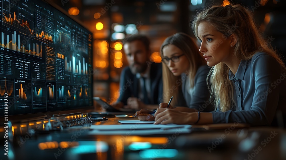 Poster focused business team analyzing data on large screen.
