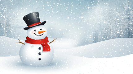 Snowman with red scarf in winter