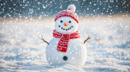 Fototapeta premium Snowman with red scarf in winter
