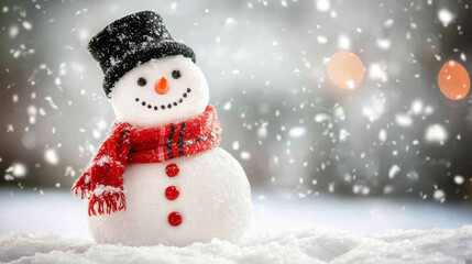 Obraz premium Snowman with red scarf in winter