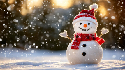 Fototapeta premium Snowman with red scarf in winter