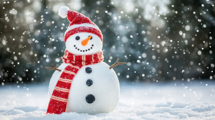 Fototapeta premium Snowman with red scarf in winter