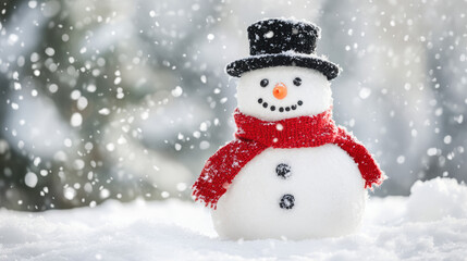 Fototapeta premium Snowman with red scarf in winter