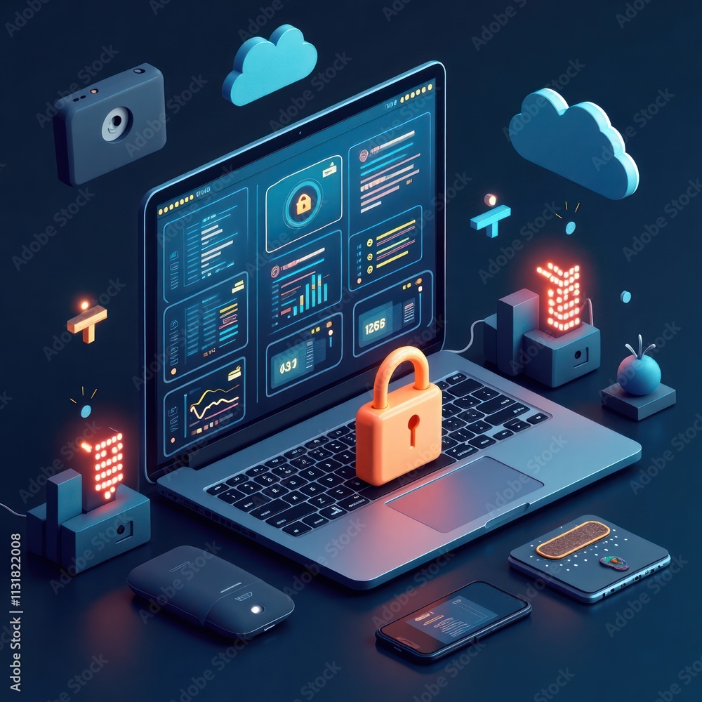 Poster Modern tech illustration shows secure data storage. Laptop with digital dashboard, orange padlock. Cloud storage with security elements. Image suitable for tech companies, data protection agencies,