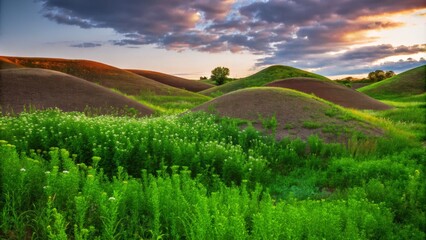 Obraz premium Lush green hills with vibrant wildflowers and dramatic sky perfect for tourism and environmental conservation promotions. 