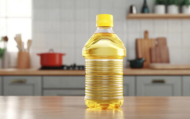 A healthy kitchen scene featuring a clear bottle of vegetable cooking oil highlights its role in everyday cooking showcasing its versatility 