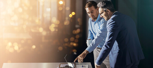 Manager, night or business people with laptop for planning, investment research and budget advice....