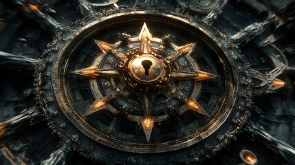 Obraz premium Ornate golden keyhole in a dark, intricate circular mechanism.