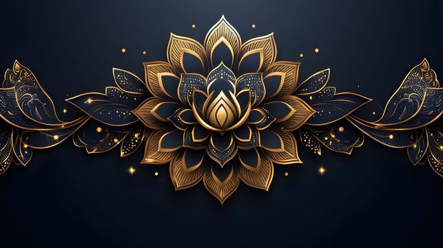 Ornate golden lotus flower design on dark background.