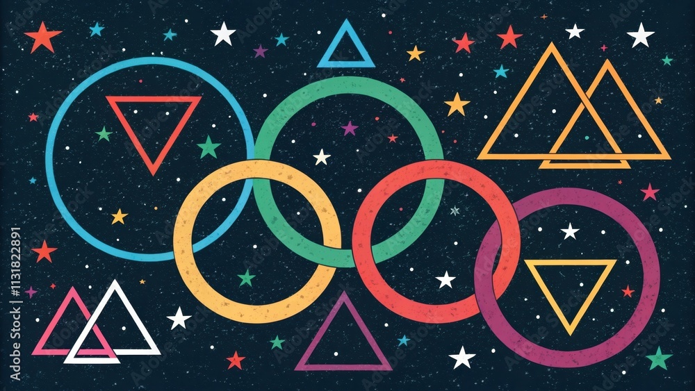 Poster intertwined colorful rings and triangles create a visually captivating design against a dark, starry