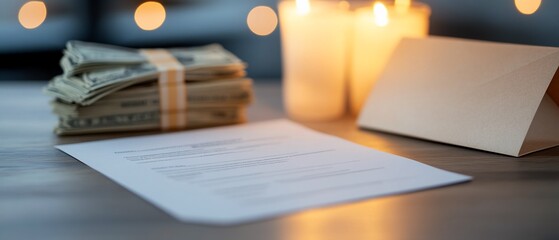 Cash, document, and candles on a table.