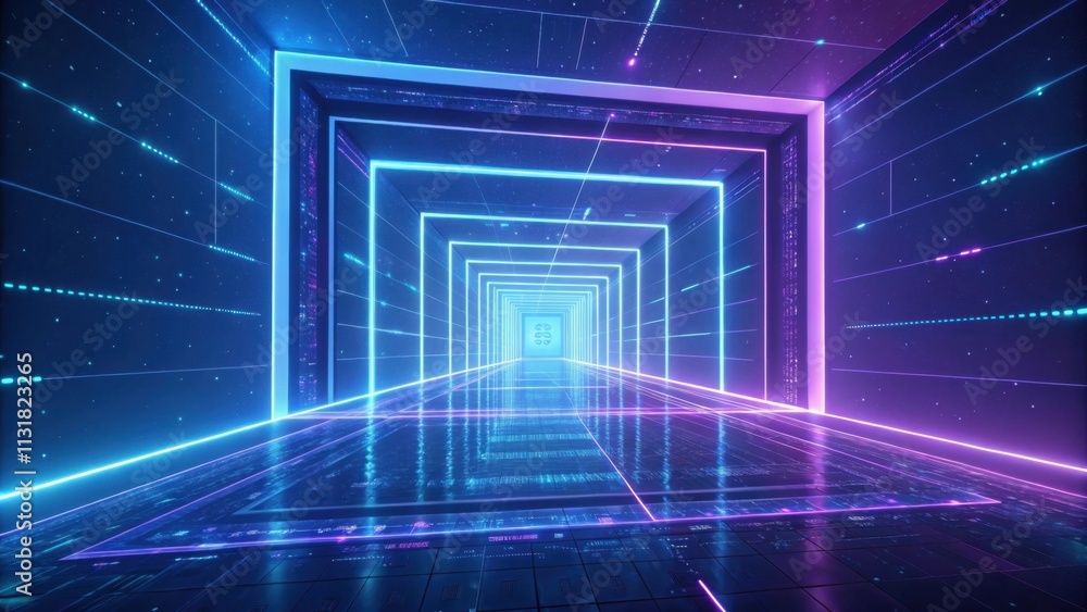 Poster futuristic neon glowing tunnel with digital data flowing, creating a mesmerizing visual experience i