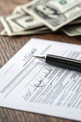 Signed contract with pen and money nearby.