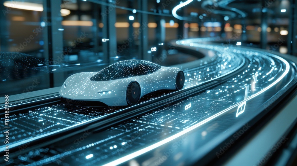 Poster futuristic ai-powered automated vehicles on digital test track with holographic maps and safety prot