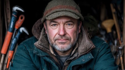 Obraz premium Mature Man Serious Expression Tools Warehouse Workshop Rural Craftsman Gardener F