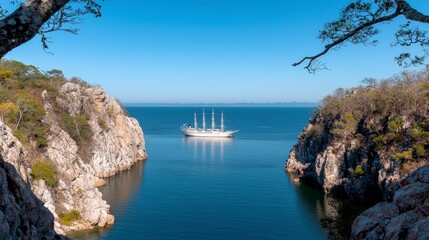 Fototapeta premium Scenic Seascape Tall Ship Sailing Between Rocky Cliffs
