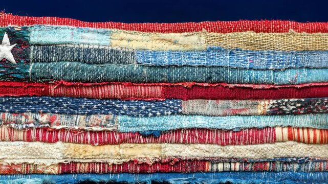 Unique textile art featuring layers of worn denim and fabric in a patriotic color scheme at a local craft fair