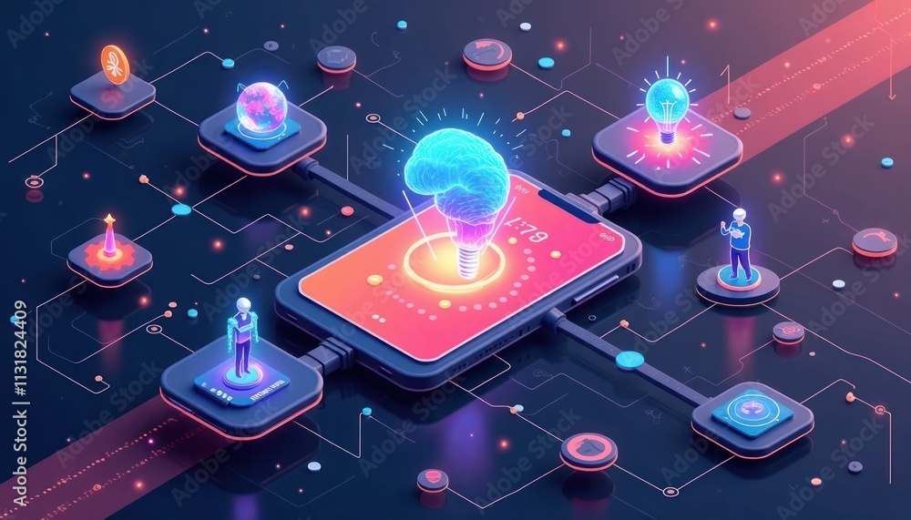 Wall mural illustration shows app modernization concept with ai tech evolution. smartphone connects to digital 