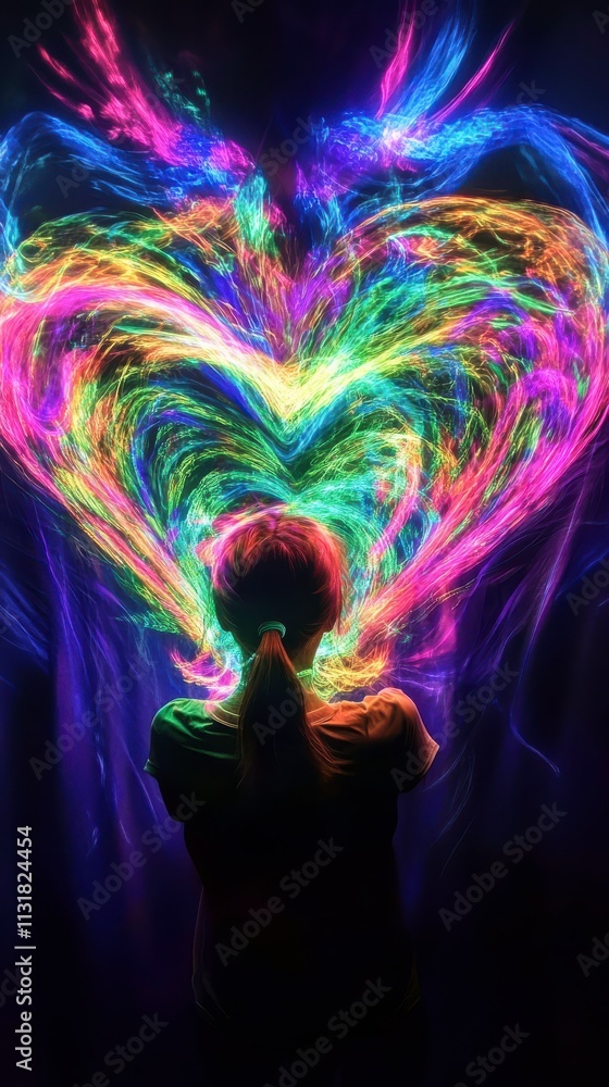 Poster glowing colorful heart with light trails creating a symbol of love against a dark background. genera