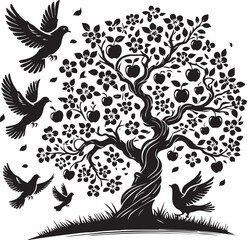 Obraz premium A springtime apple tree with doves flying joyfully vector silhouette