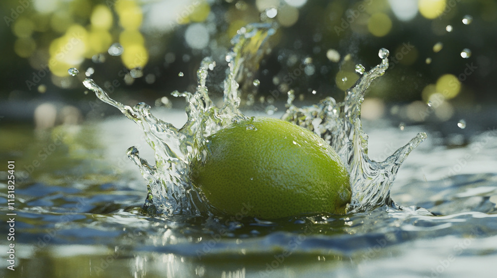 Poster fresh lime splashes into clear water, creating dynamic ripples and droplets under sunlight