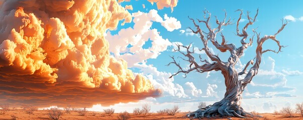 Dramatic Desert Landscape with Twisted Dead Tree and Orange Clouds