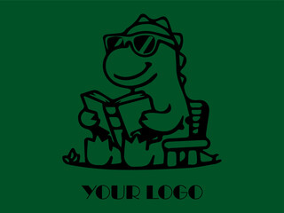 Obraz premium dinosaur is reading a book while wearing sunglasses. Ideal for educational materials, childrens books, quirky designs, and social media posts