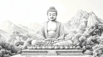 buddha statue in the garden on white, coloring book