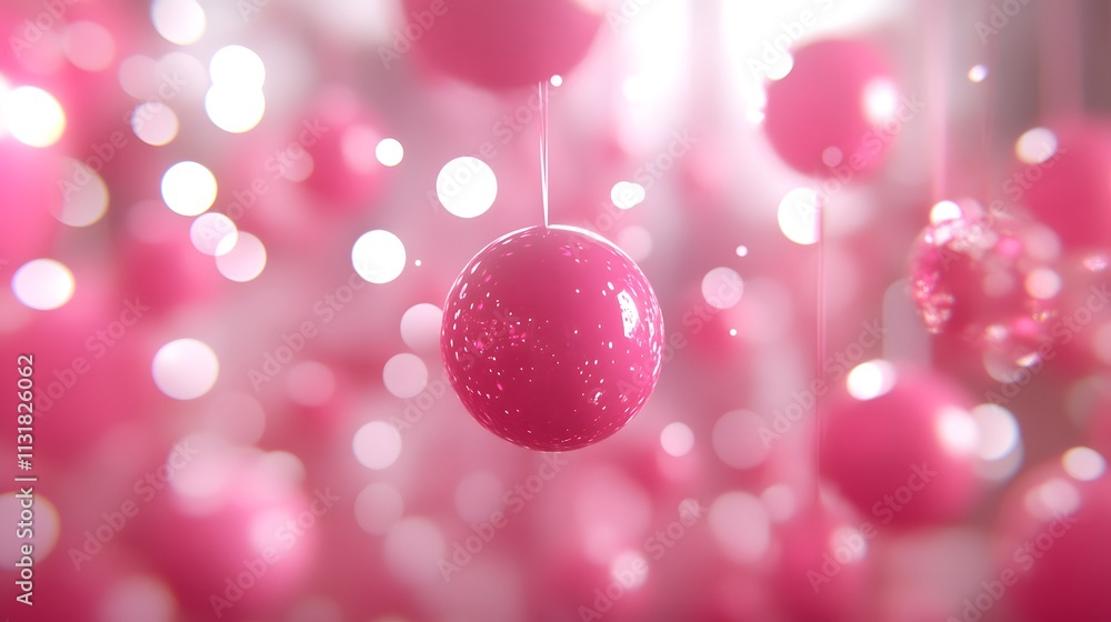 Poster pink spheres floating in bokeh background.