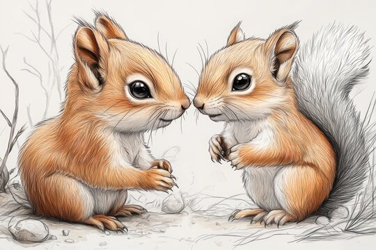 Two adorable chipmunks face each other, paws touching, in a delicate pencil sketch style.