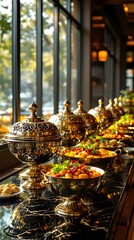 Fototapeta premium Elegant Buffet with Ornate Golden Serving Dishes