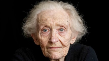 Elderly Woman Portrait  Wrinkled Face  Close up  Grey Hair  Black Background  Senior Citiz