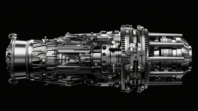 Sleek, metallic turbofan engine, detailed 3D rendering, black background.
