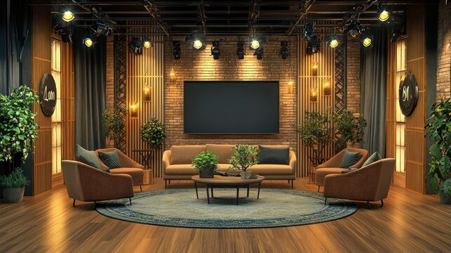Detailed studio set for a talk show, with comfortable seating and stylish decor