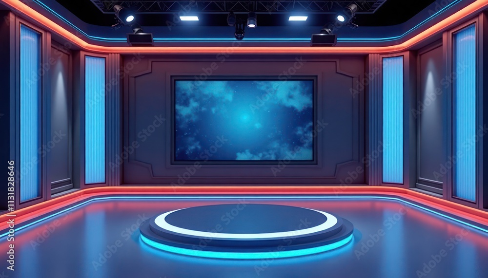 Aufkleber Virtual studio backdrop for TV news live shows. Modern studio with illuminated stage. Modern design virtual tv studio. Suitable for VR tracking system stage sets. Empty platform with neon light. Big