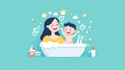 A joyful mother and her child share a fun bath time, surrounded by bubbles and playful decorations in a bright, cheerful setting.