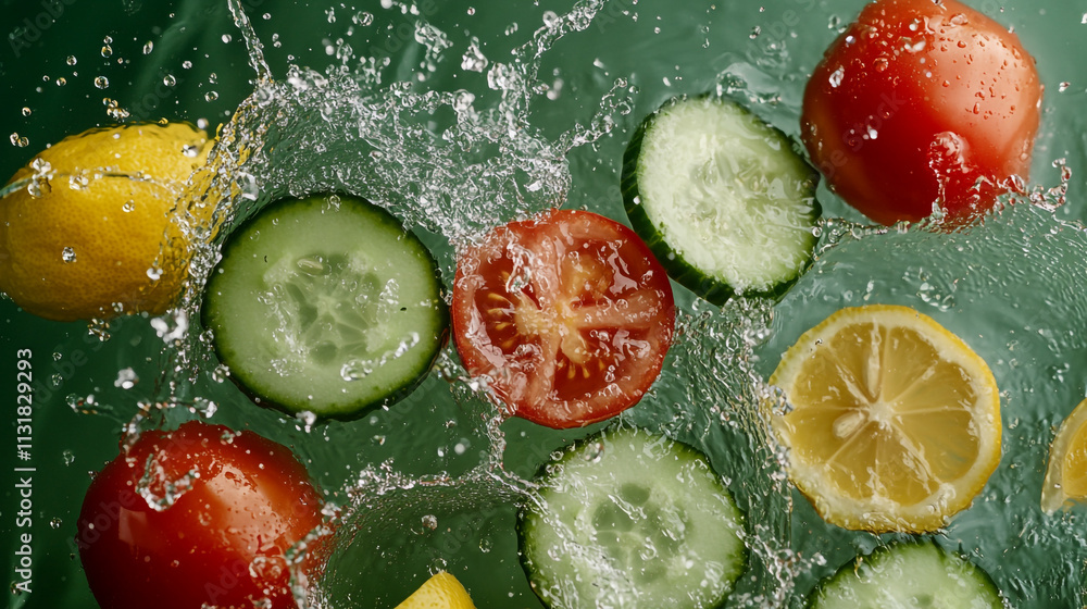 Poster fresh vegetables and fruits splash in water creating dynamic patterns of color and movement