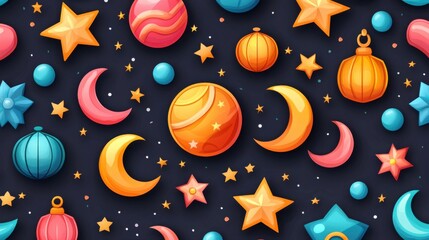 A colorful pattern featuring planets, moons, stars, and lanterns against a dark background, creating a whimsical celestial theme.