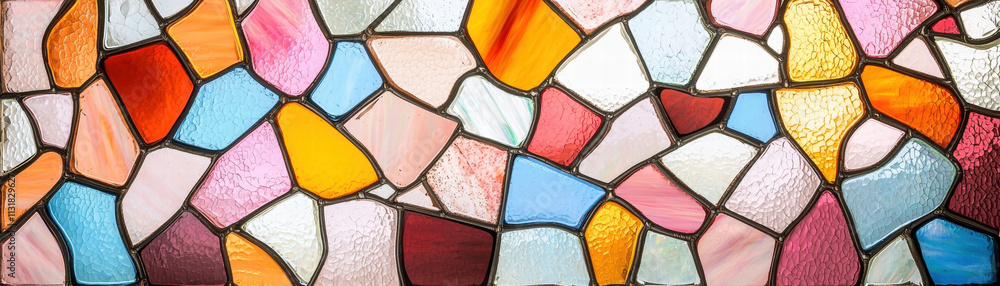 Poster mosaic texture stained glass colorful mosaic pattern with vibrant shapes and textures.