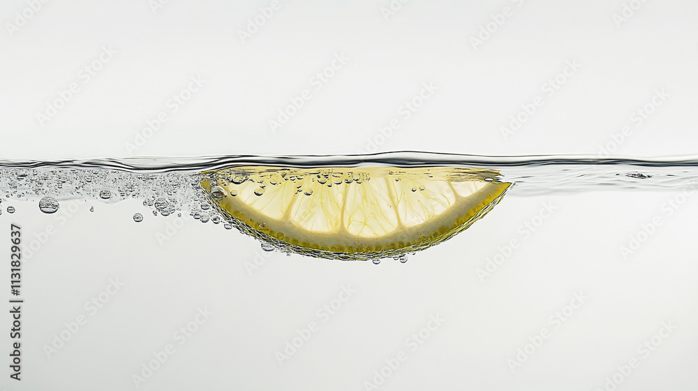 Poster lemon slice submerged in sparkling water with bubbles on a neutral background
