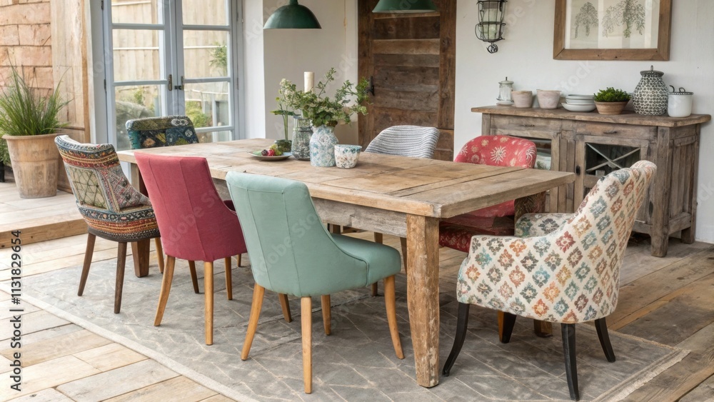 Aufkleber an eclectic dining area with a mismatched set of chairs each a different shade and pattern gathered 