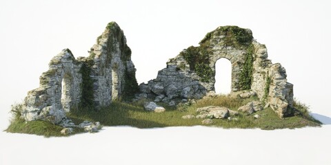 Overgrown Stone Ruins Isolated on White