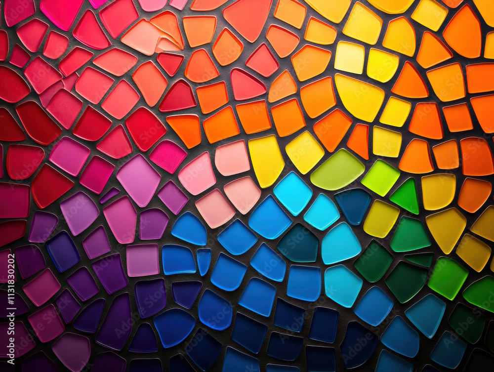 Poster mosaic texture stained glass vibrant mosaic pattern featuring a spectrum of colors and shapes.
